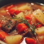 Bowl of delicious Crockpot Vegetable Beef Soup with fresh vegetables and chunks of beef