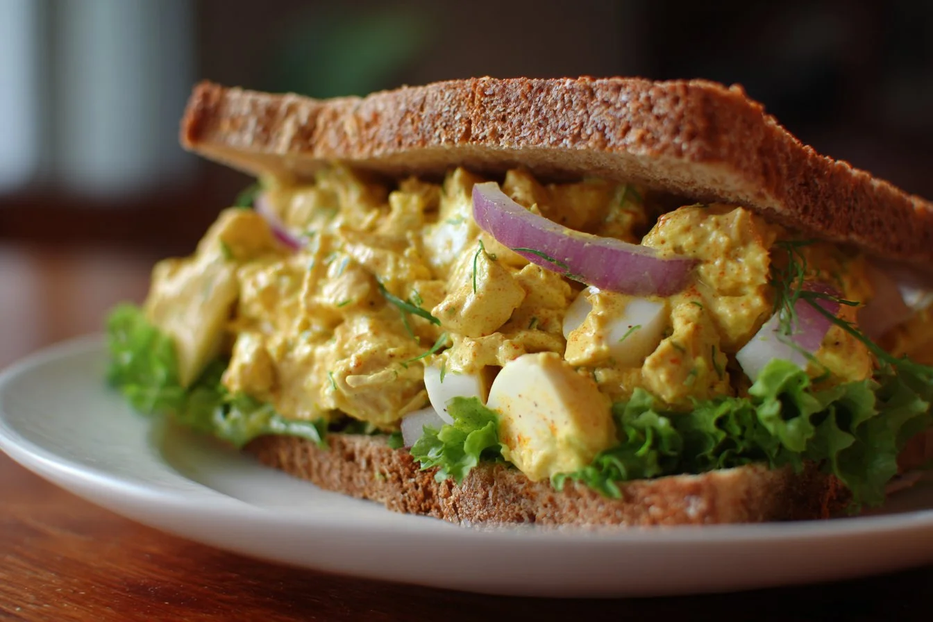 Delicious Curry Chicken Salad garnished with fresh herbs and vegetables.
