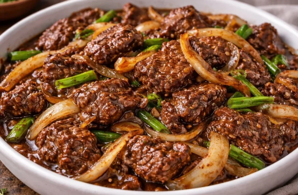 Diced beef stir-fry with colorful vegetables in a skillet