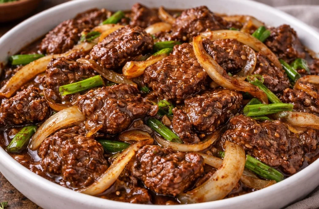 Diced beef stir-fry with colorful vegetables in a skillet