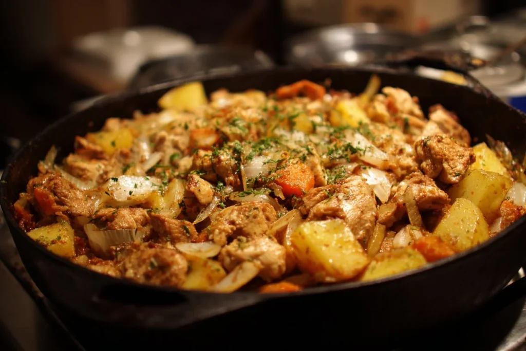 Plate of diced chicken with vegetables and spices for a flavorful recipe