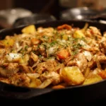 Plate of diced chicken with vegetables and spices for a flavorful recipe