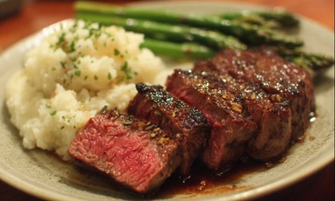 Plate of an easy beef dinner with vegetables and herbs