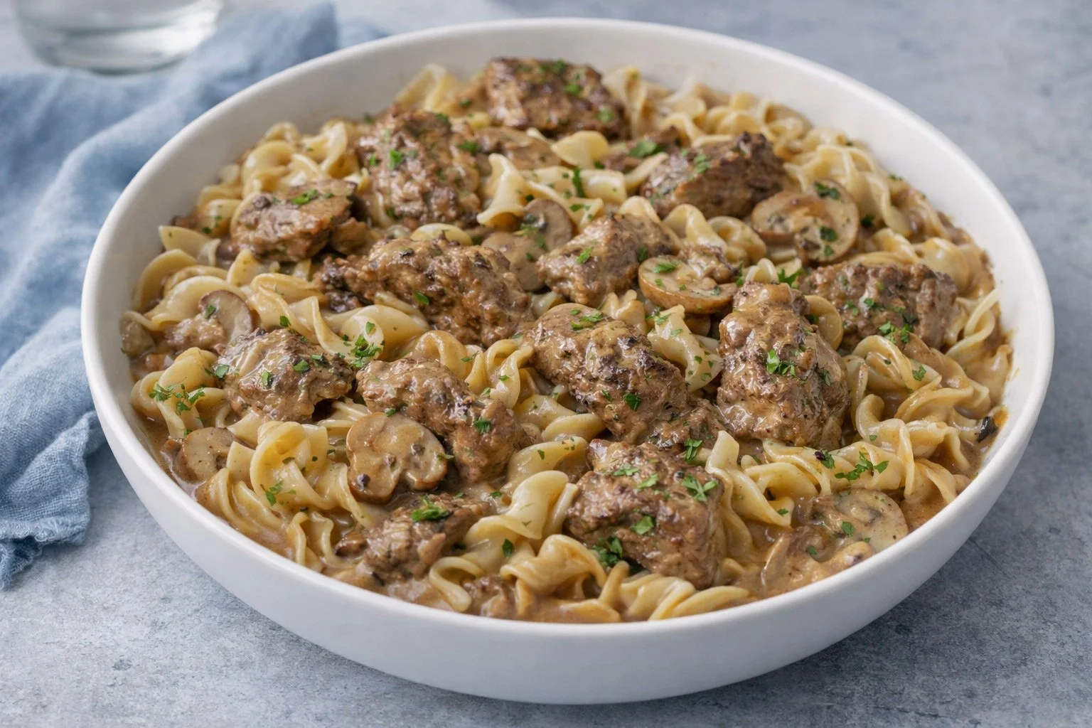 Delicious Easy Beef Stroganoff served with noodles and garnished with parsley