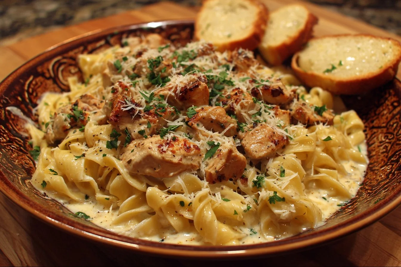 Delicious plate of easy Chicken Alfredo pasta with creamy sauce and chicken pieces.