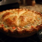Easy homemade chicken pot pie served in a rustic dish with golden crust.