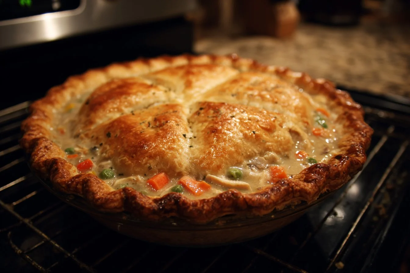 Easy homemade chicken pot pie served in a rustic dish with golden crust.