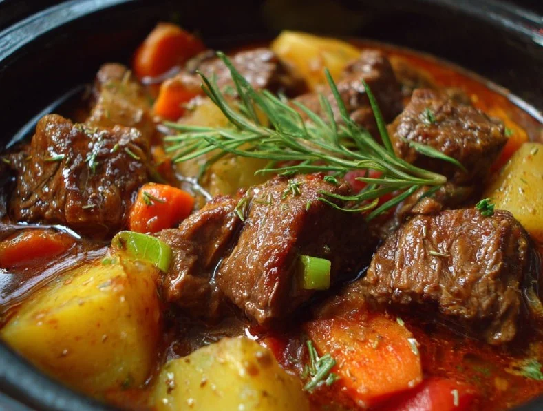 Delicious easy crockpot beef stew served in a bowl with fresh herbs on top