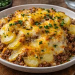 Easy ground beef dinner ingredients and cooked meal in a plate