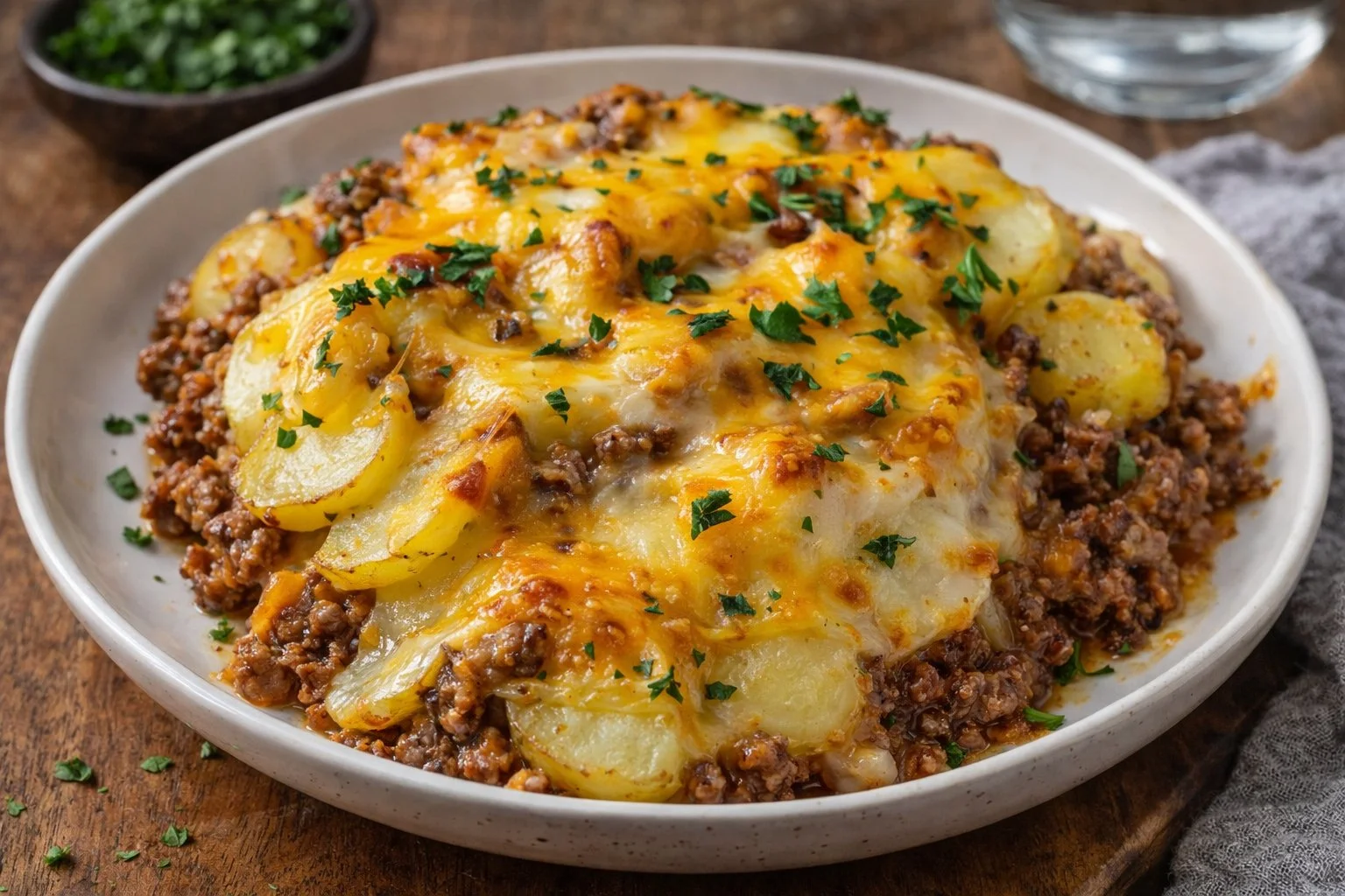 Easy ground beef dinner ingredients and cooked meal in a plate