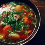 Bowl of easy vegetable beef soup filled with vegetables and tender beef.