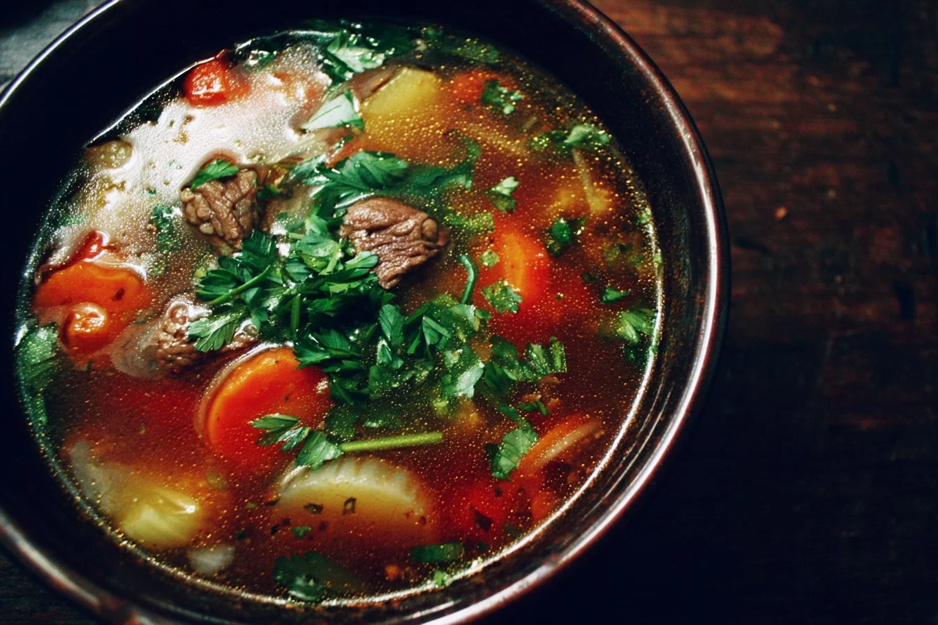 Bowl of easy vegetable beef soup filled with vegetables and tender beef.