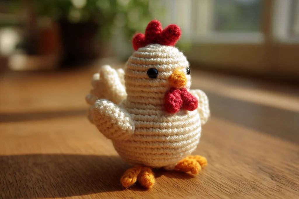 Free crochet chicken pattern with colorful yarn and detailed instructions.