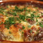 Delicious French Onion Beef Casserole topped with melted cheese and caramelized onions