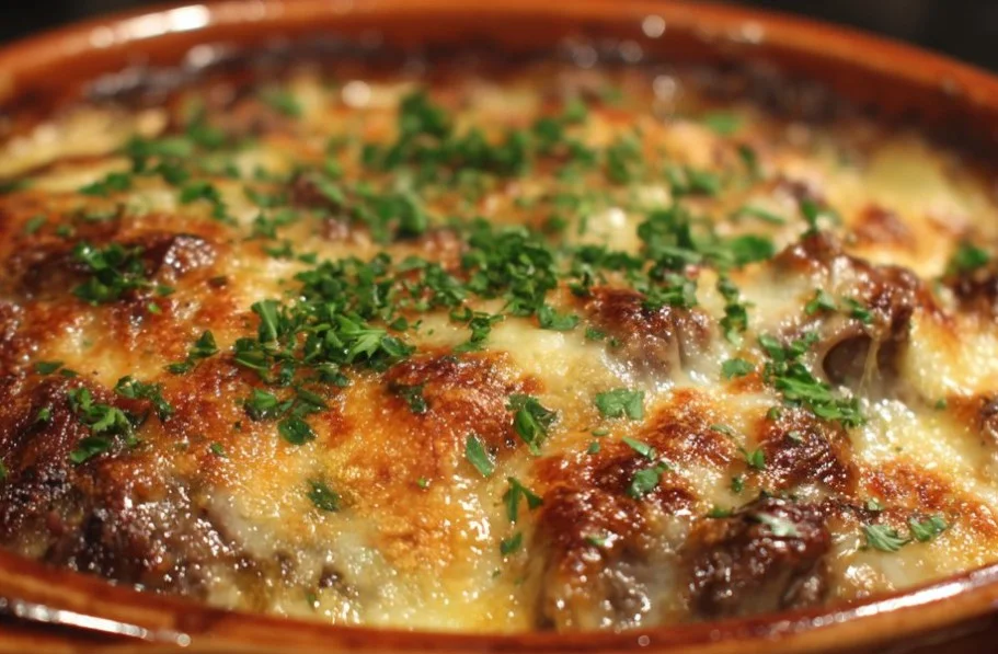 Delicious French Onion Beef Casserole topped with melted cheese and caramelized onions