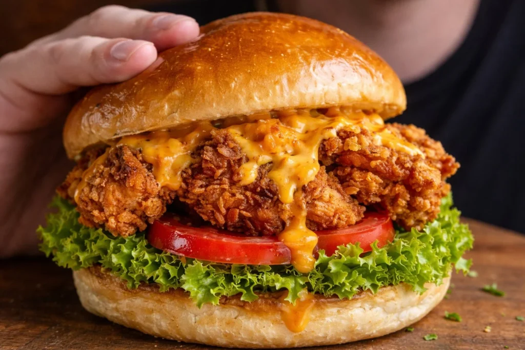Delicious fried chicken sandwich with crispy chicken and fresh toppings