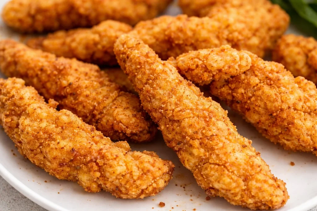 Crispy fried chicken tenders served with dipping sauce