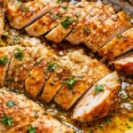 Delicious Garlic Butter Chicken served on a plate with herbs