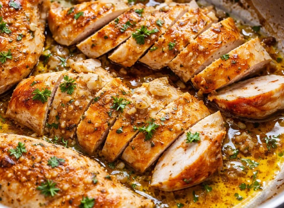 Delicious Garlic Butter Chicken served on a plate with herbs