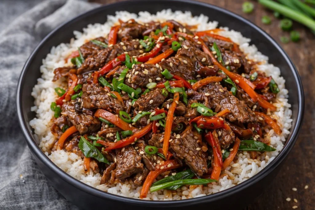 Delicious plate of Ginger Beef garnished with fresh vegetables