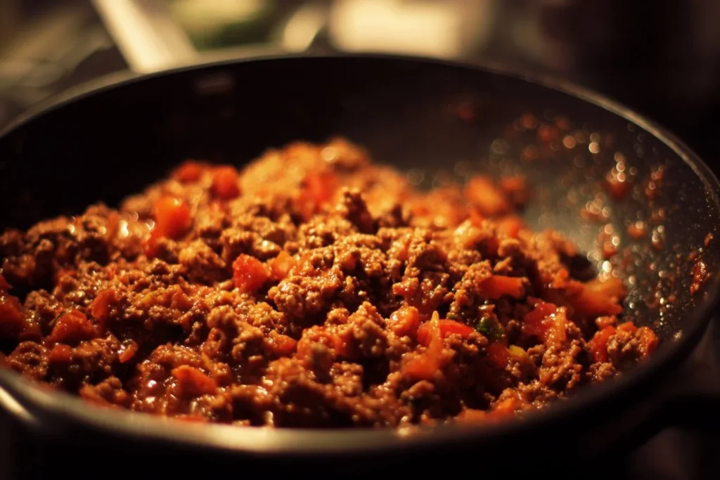 Gluten-free ground beef recipe served on a plate with fresh vegetables.