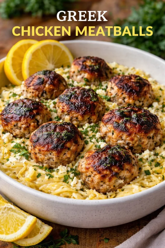 Delicious Greek chicken meatballs served with fresh herbs and yogurt sauce.