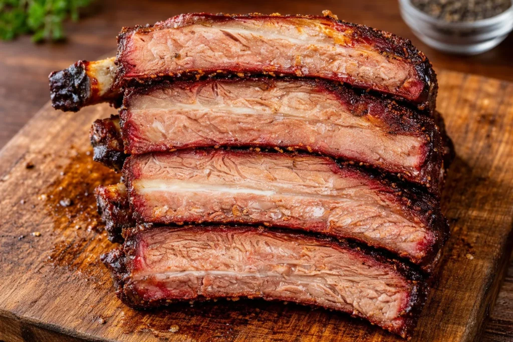 Juicy grilled beef ribs served on a platter with barbecue sauce.