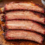 Juicy grilled beef ribs served on a platter with barbecue sauce.