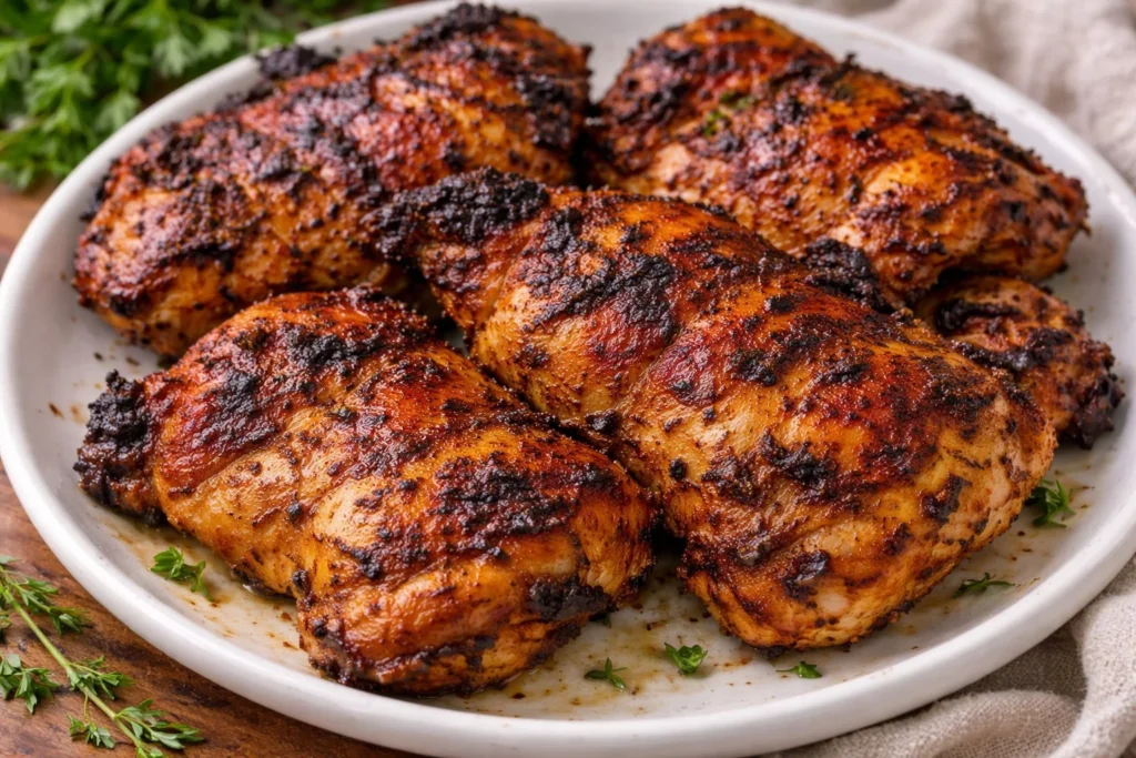 Juicy grilled chicken thighs on a barbecue grill with spices.