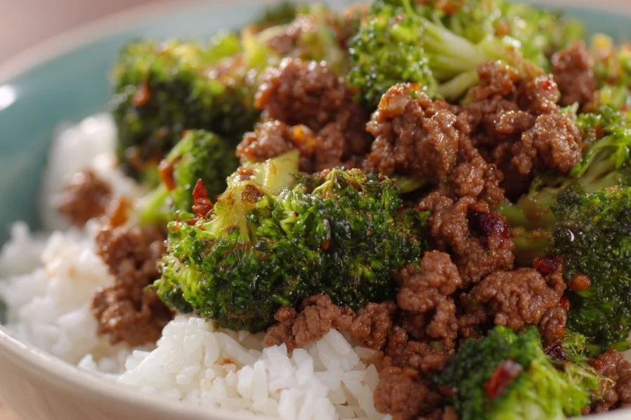 Ground Beef and Broccoli stir-fry dish with colorful vegetables.