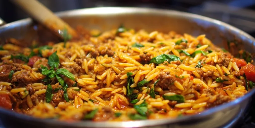 Ground Beef and Orzo cooked in a skillet with herbs and spices.