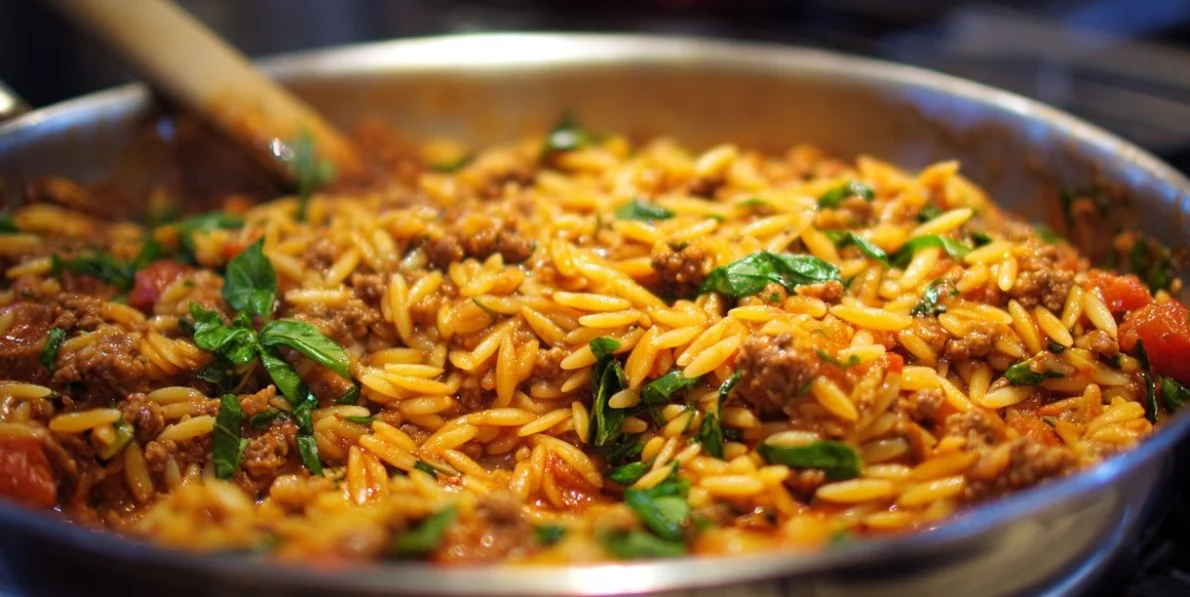 Ground Beef and Orzo cooked in a skillet with herbs and spices.