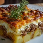Ground beef and potato casserole topped with cheese and herbs