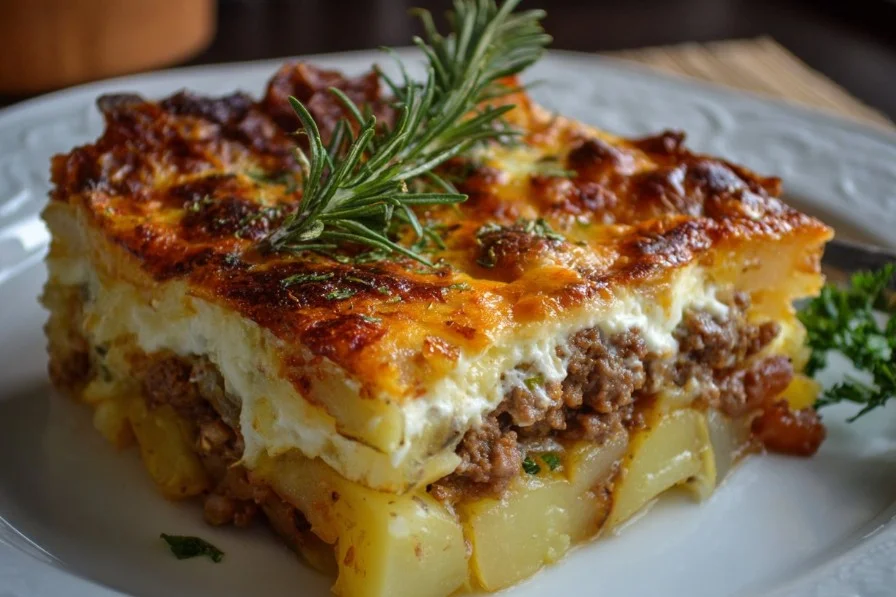 Ground beef and potato casserole topped with cheese and herbs