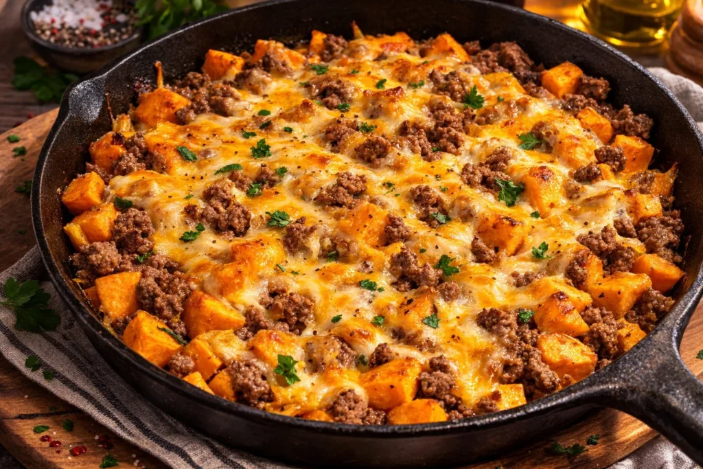 Ground Beef and Sweet Potato Skillet with vegetables in a frying pan