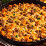 Ground Beef and Sweet Potato Skillet with vegetables in a frying pan