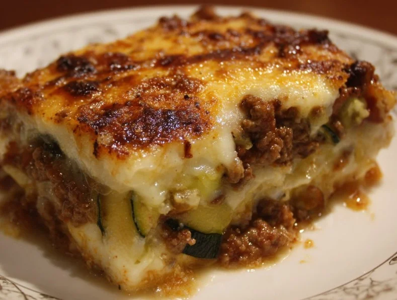 Ground beef and zucchini casserole dish topped with cheese and herbs.