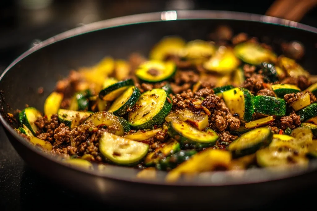 Ground Beef and Zucchini Skillet dish served in a pan