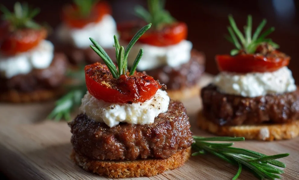 A platter of savory ground beef appetizers for parties and gatherings.