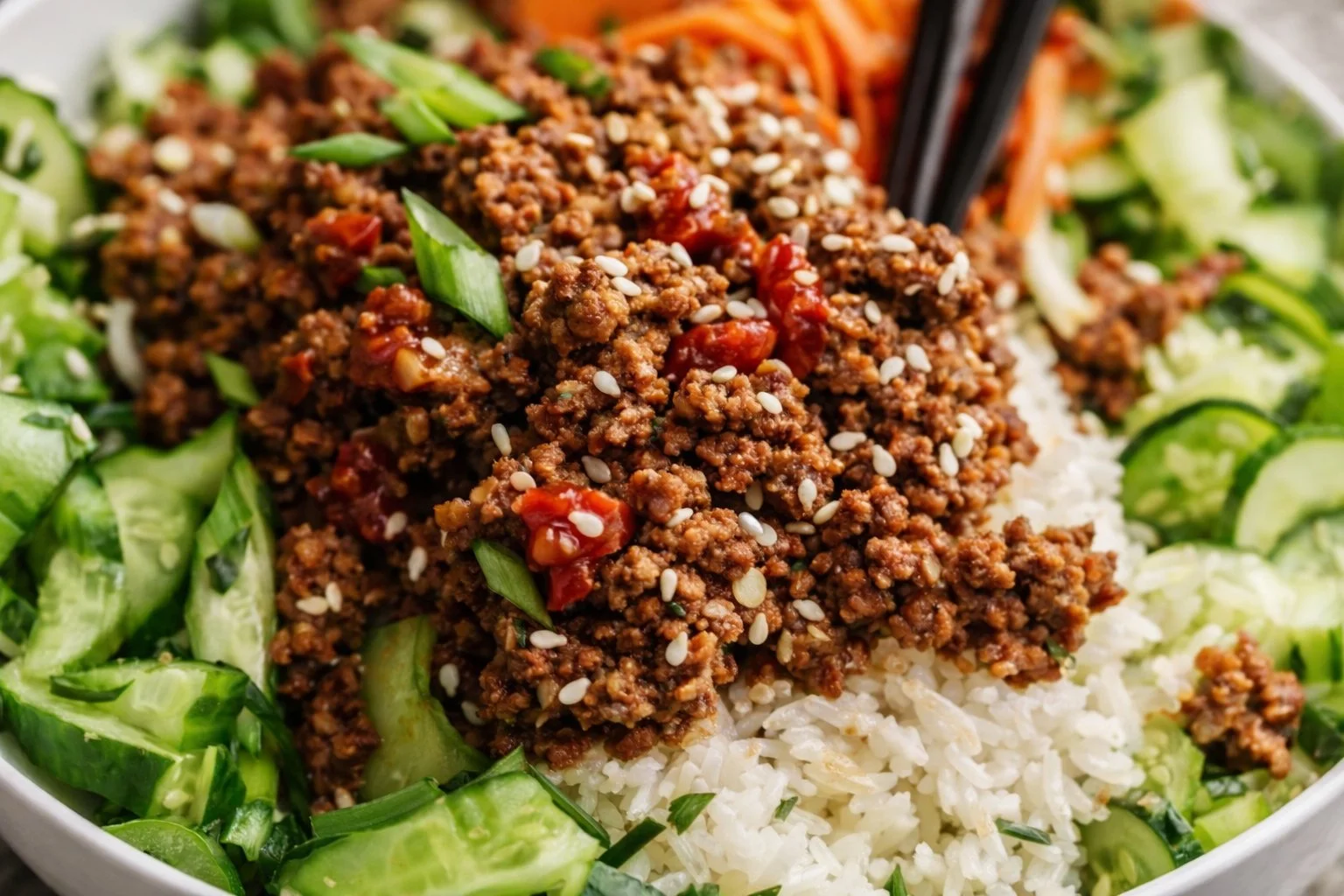 Ground beef bulgogi served with rice and vegetables