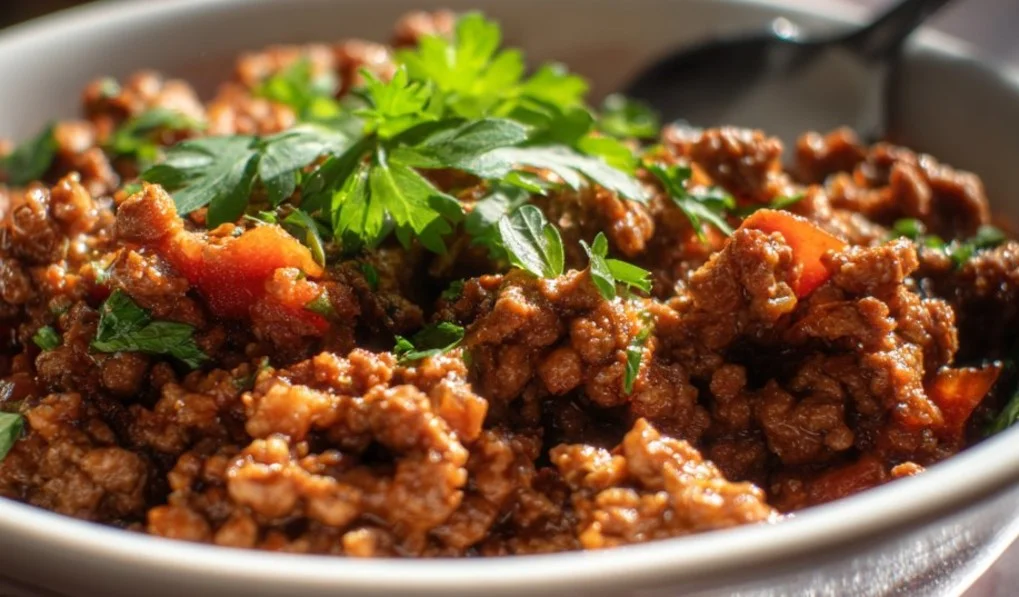 Ground beef carnivore dish served on a plate with garnishes