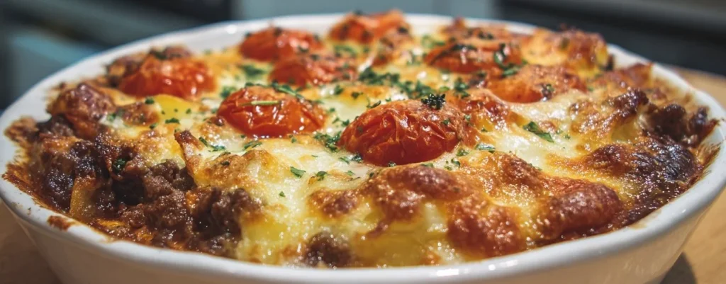 Savory Ground Beef Casserole topped with cheese, ideal for family meals.