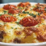 Savory Ground Beef Casserole topped with cheese, ideal for family meals.