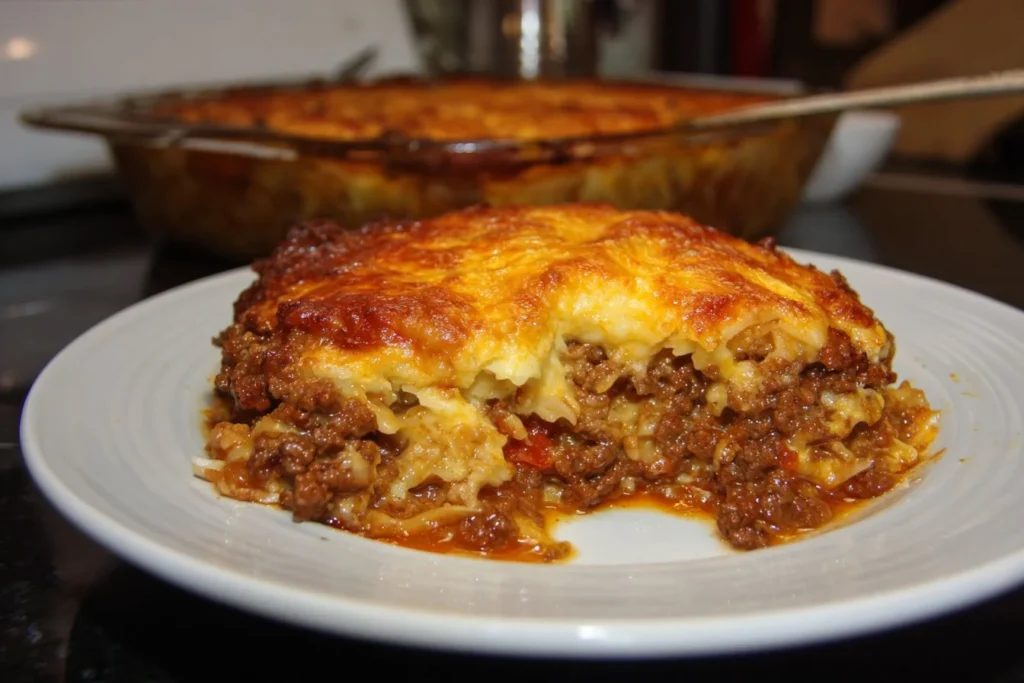 Delicious Ground Beef Casserole served in a baking dish with toppings