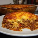 Delicious Ground Beef Casserole served in a baking dish with toppings