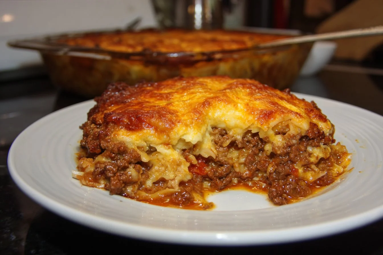 Delicious Ground Beef Casserole served in a baking dish with toppings