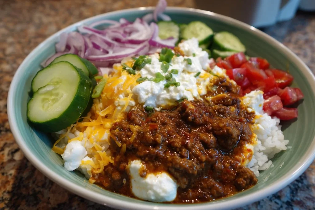 Ground Beef Cottage Cheese Bowl with fresh toppings and herbs