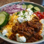 Ground Beef Cottage Cheese Bowl with fresh toppings and herbs