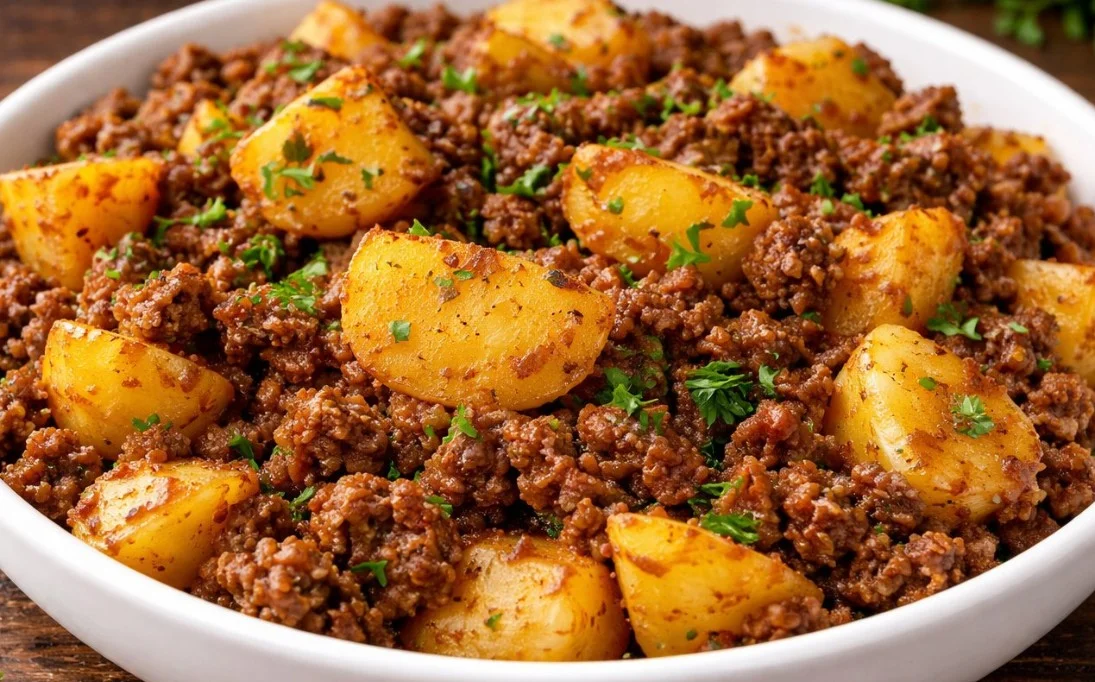 Plate of ground beef dinner with vegetables and garnish