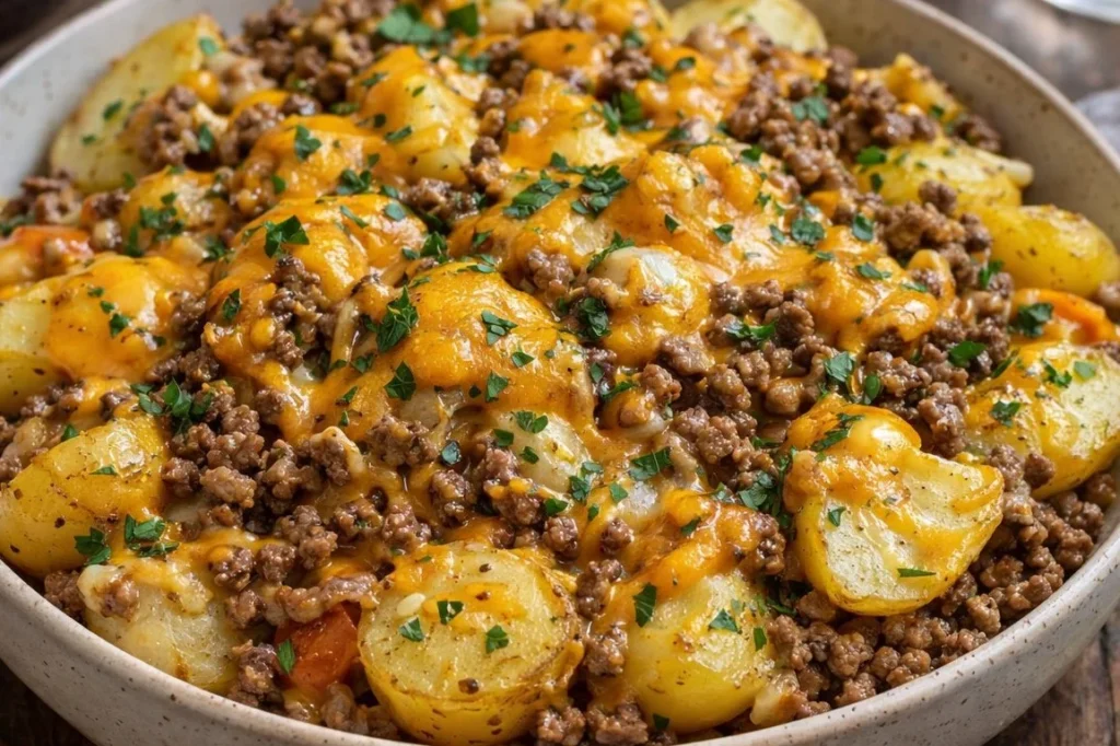 Delicious ground beef potato casserole dish ready to serve